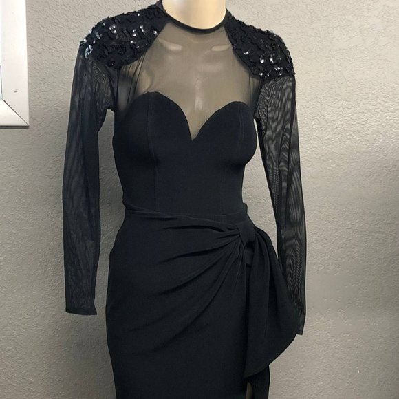 Vintage 90s Illusion Lace Wrap Lycra Cocktail Dress, 90s Sequin Net Bodycon Gown - Picture 1 of 6